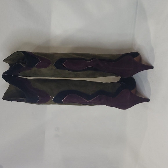 NWT GRAZIA Suede Patchwork Kitten Heel Slouchy Tall Boots Made in Spain - Picture 6 of 10